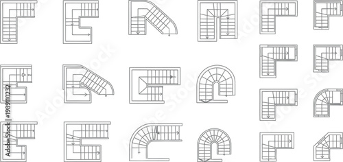 Collection of Architectural Staircase Floor Plan Symbols and Technical Drawing Icons for Interior Design and Construction Blueprints
