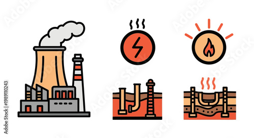 Industrial energy production and sustainable power generation icons depicting electricity, geothermal heat, and factory infrastructure concepts