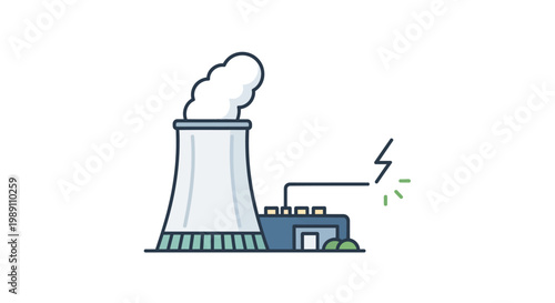 Industrial power plant with cooling tower emitting smoke, generating electricity with power lines connected to a building, symbolizing energy production and industry