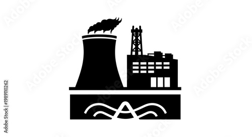 Factory chimney industrial building with water cooling tower and power generation plant illustration