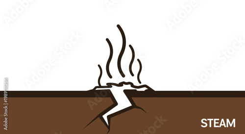 Minimalist illustration depicting a ground fissure with hot vapor plumes rising, symbolizing subterranean heat release or a geothermal vent phenomenon
