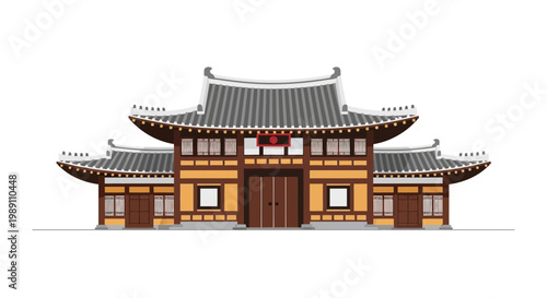 Traditional Korean Hanok Building Facade, Asian Architecture, White Background