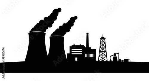 Industrial landscape silhouette with cooling towers, factory, and oil rig