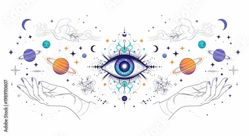 All seeing eye with celestial bodies.