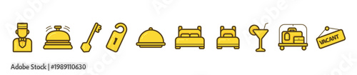 Set of hotel service line icons showing hospitality and travel symbols like a bellhop, reception, key card, bed. Hotel and hospitality outline icon set. bed, pillow, key, service, hospitality icons.
