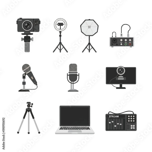 Collection of modern vlogging and streaming equipment for content creation.