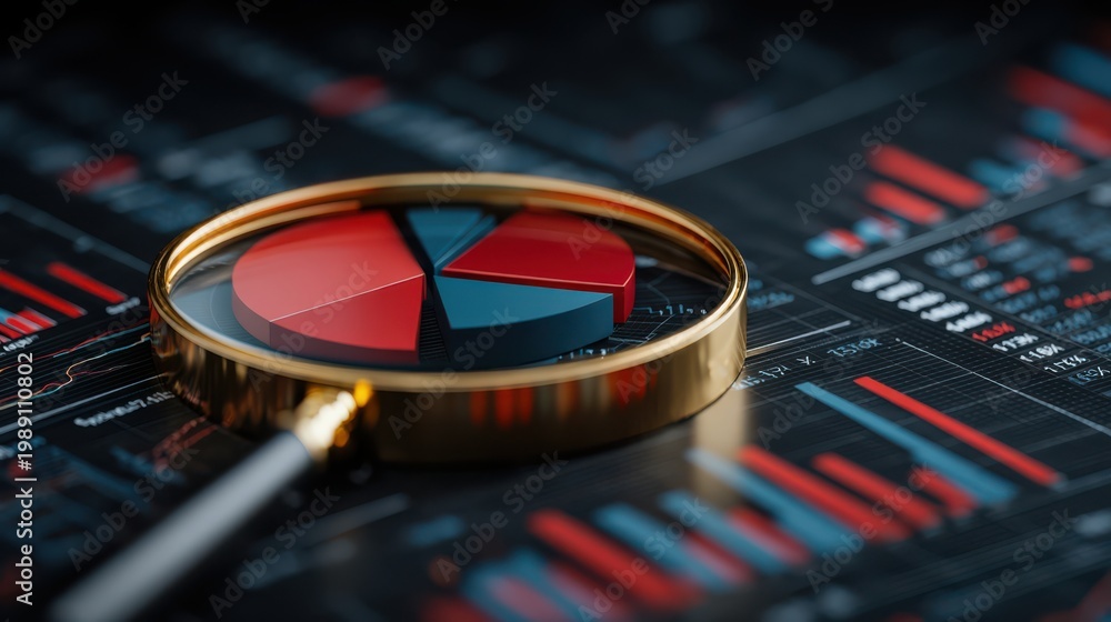 Obraz premium A gold magnifying glass zooms in on a red and blue pie chart over a digital financial data background.