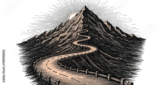 Winding path leading up a majestic mountain peak illustration.