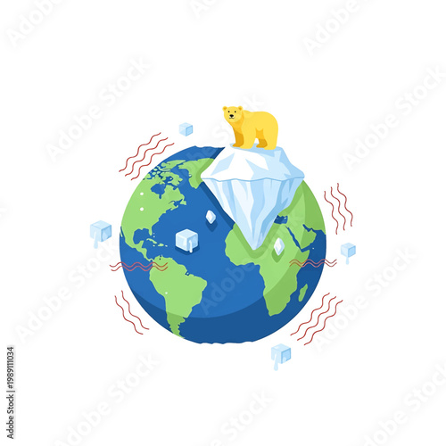 Polar bear on melting ice globe.