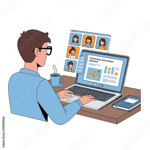 Man working on laptop computer remotely.