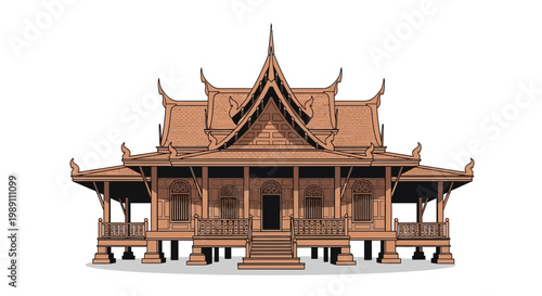 Traditional Thai Wooden House with Ornate Roof and Stilts