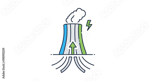 Abstract illustration of a cooling tower emitting steam with upward arrows and lightning bolt symbol representing clean energy production
