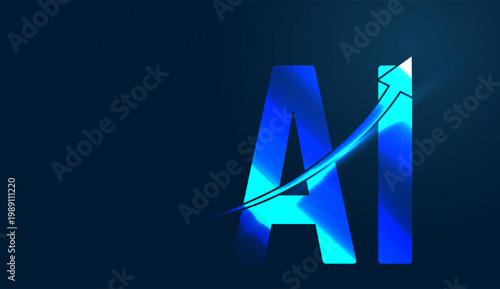 A glowing Blue arrow curves upward through the letters-AI, symbolizing the integration of smart tech in digital finance. and Business graphic highlights the upward trajectory