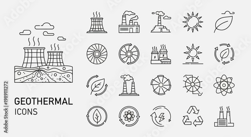 Collection of Geothermal Energy Icons and Symbols Representing Sustainable Power Generation