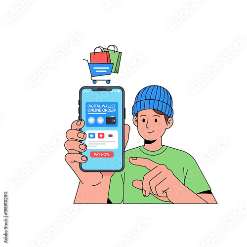 Man holding smartphone with shopping app.