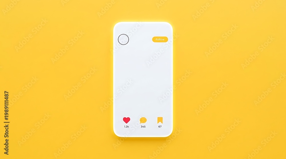 Fototapeta premium Minimalist white smartphone screen with social media icons and copy space on a vibrant yellow background, top view.