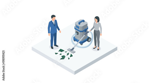 Isometric illustration of people and vacuum cleaner cleaning activity and concept