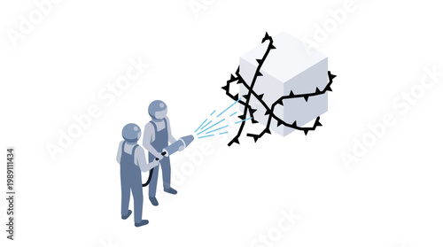 Isometric illustration workers removing obstacles from a cuboid on white background