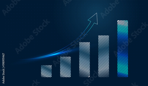 The business graphic features ascending columns and a curved arrow, signifying steady upward growth in a digital market. and High-tech blue visuals show a soaring trajectory