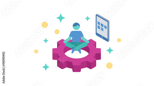 Conceptual illustration of person meditating on a cogwheel with tablet device graphic