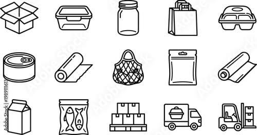Packaging and food container web icons in line style. Delivery, storage, plastic, box, ecommerce, editable stroke, outline icon collection. Vector illustration.