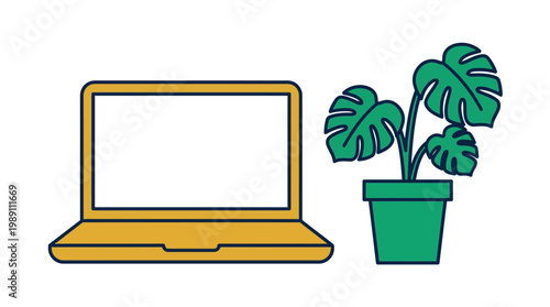 Modern laptop and potted plant illustration perfect for business and technology concepts