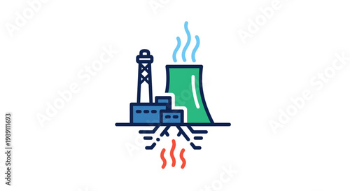 Industrial Geothermal Energy Plant Icon with Steam Vents and Cooling Tower