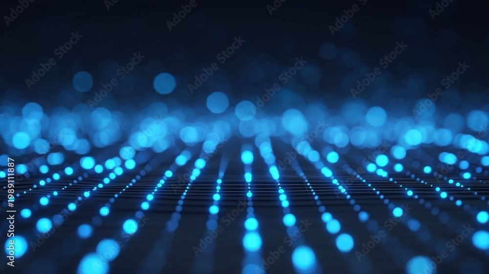 Obraz premium Abstract Dark Background with Glowing Blue Dots Creating a Digital Network Effect, Perfect for Technology and Science Concepts, Vivid and Dynamic