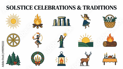 Solstice Celebrations and Traditions Icons Set