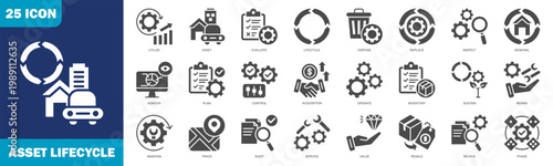 Asset Lifecycle Icon Set Collection In Glyph Style. Icon Set Consist Of Asset, Lifecycle, Track, Value, Phase, Service, Plan, Control, Maintain, Operate And More.