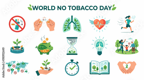 World No Tobacco Day Icons: Health, Quit Smoking, Lungs, Lifestyle