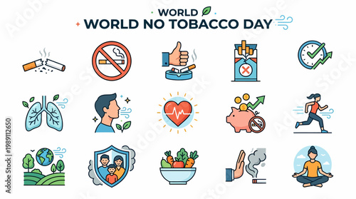 World No Tobacco Day icons: health, fitness, life, no smoking