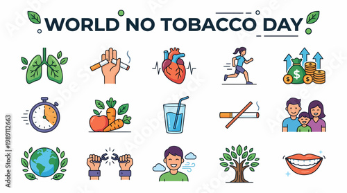 World No Tobacco Day Icons - Healthy Lifestyle & Anti-Smoking