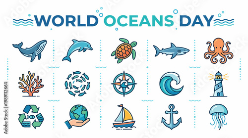 World Oceans Day Icons: Marine Life, Save Ocean Concept