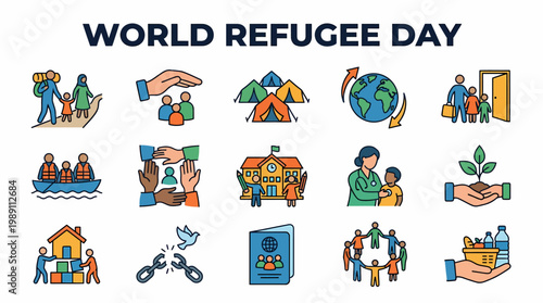 World Refugee Day Icons: Hope, Safety, Community, Migration