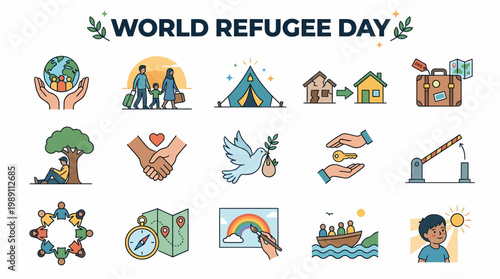 World Refugee Day Icons: Hope, Journey, Shelter, Community
