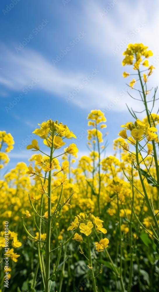 Fototapeta premium Bright Yellow Canola Flowers Blooming Under Clear Blue Sky Field