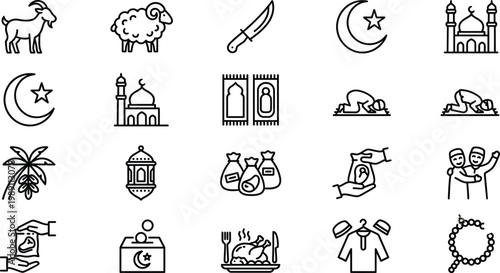 Eid ul Adha celebration and Islamic web icons in line style. Goat, sheep, mosque, prayer, charity, food, editable stroke, outline icon collection. Vector illustration.