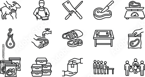 Eid ul Adha butcher and meat processing web icons in line style. Halal meat, cutting tools, food packaging, charity distribution, editable stroke, outline icon collection. Vector illustration.