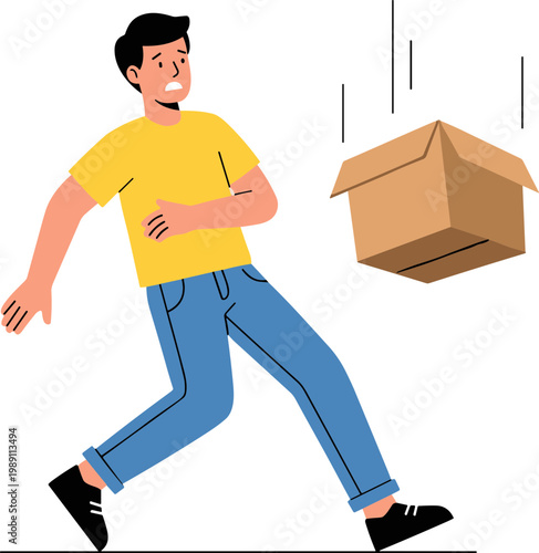 Man runs quickly from falling brown cardboard box on ground outside