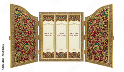 Traditional ornamental gate style wedding invitation program box vector illustration with cultural decorative elements on white background