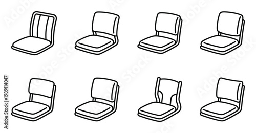 Various portable folding chairs set on transparent background vector illustration line art.