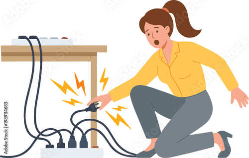 Woman reacts to electrical shock from a malfunctioning cord plugged into an outlet