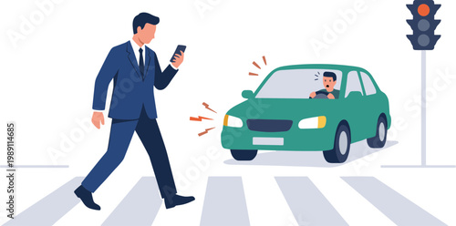 Man in suit crosses street while looking at phone as car approaches.
