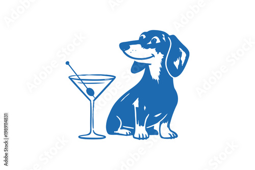 Cute dachshund sits next to martini glass with olive and cocktail stick.