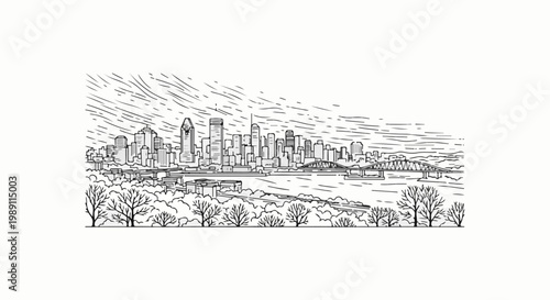City skyline with bridges and trees, a sketched panoramic view