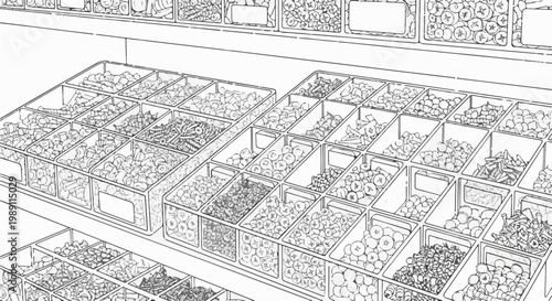 Clear plastic bins filled with assorted small fasteners and hardware items