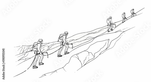 Climbers ascend a steep, rocky slope using ropes and ice axes for support
