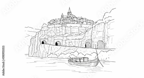 Cliffside town with tunnels and a boat on the water