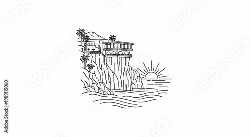 Cliffside villa with palm trees overlooking the sea at sunset